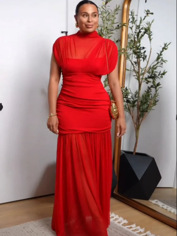 Elegant Mesh Patchwork Pleated Long Skirt Dress for Women Slim Evening Party Maxi Dress
